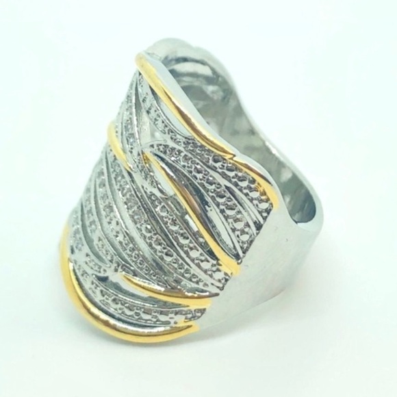 Silver Wide Band White Sapphire Gold Ring - Picture 5 of 16